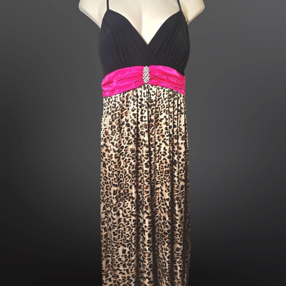 Y2K Prom Party Maxi Dress Size 3X Stretch Leopard Print Hot Pink Black Mcbling